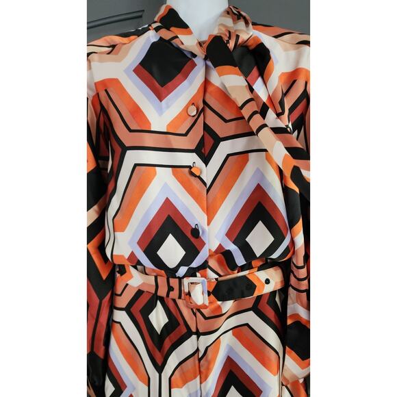 ZARA Medium Satin 70s Geometric Print Belted Neck Scarf Tie Wide Leg Jumpsuit - Picture 5 of 7